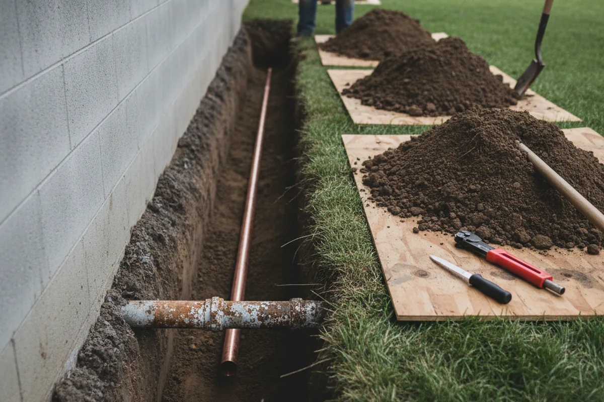 Excavated water line trench during Water Softener Installation in Atascosa